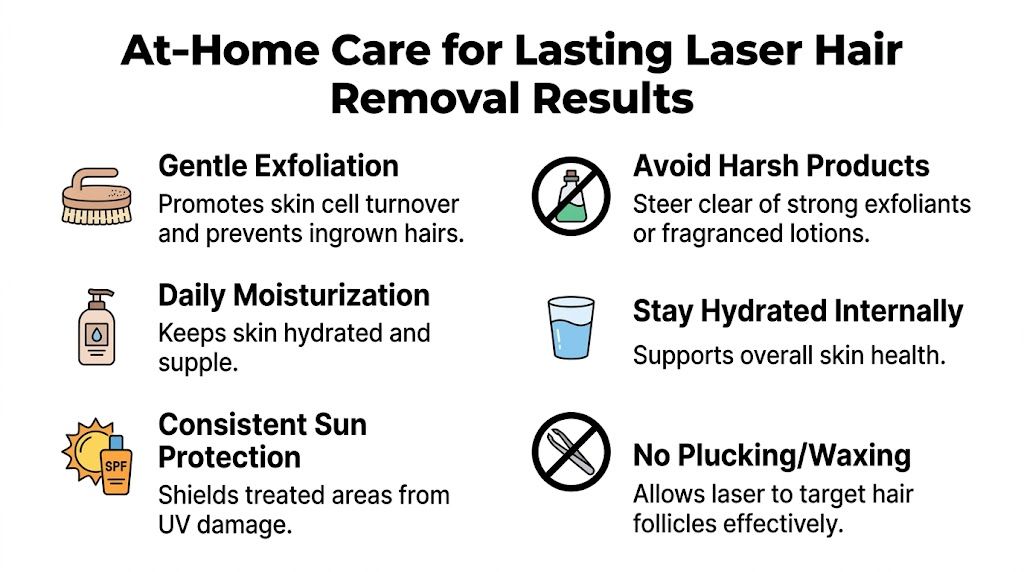 A helpful infographic listing six essential at-home care tips for maintaining results after laser hair removal.