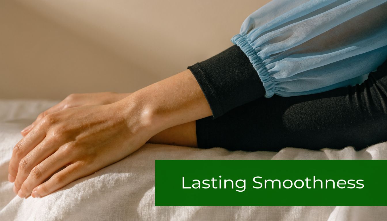 A close-up view of a person with smooth skin resting their arm on a soft white surface.