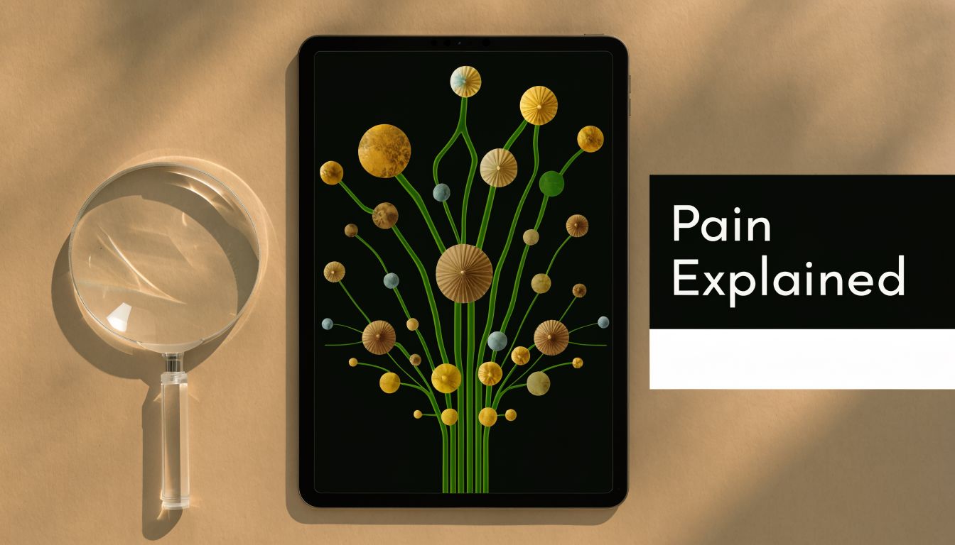 A tablet screen displaying a digital illustration of a neural network tree next to a magnifying glass.