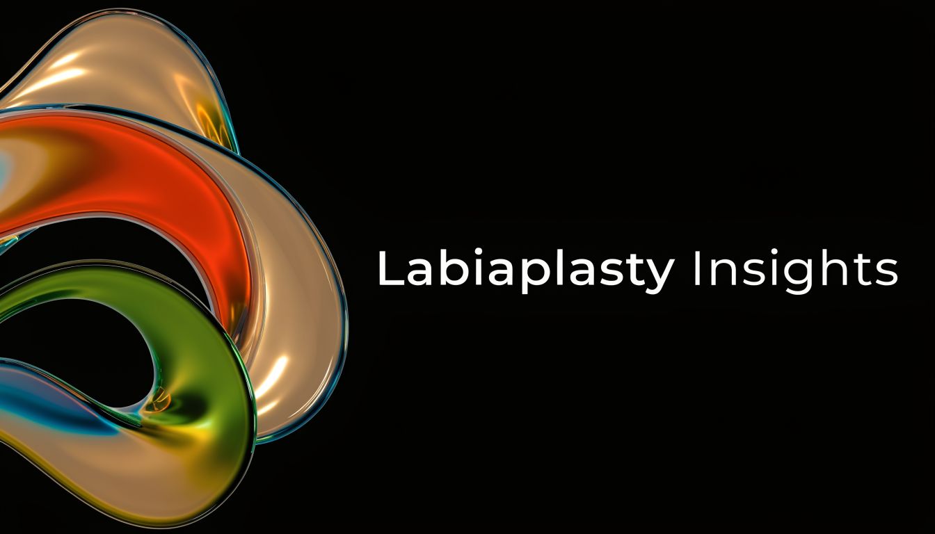 A digital abstract art graphic featuring flowing, multi-colored metallic curves with the text Labiaplasty Insights displayed prominently.