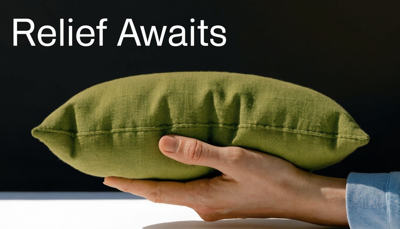 A hand holds a small green linen therapeutic pillow against a stark black and white background.