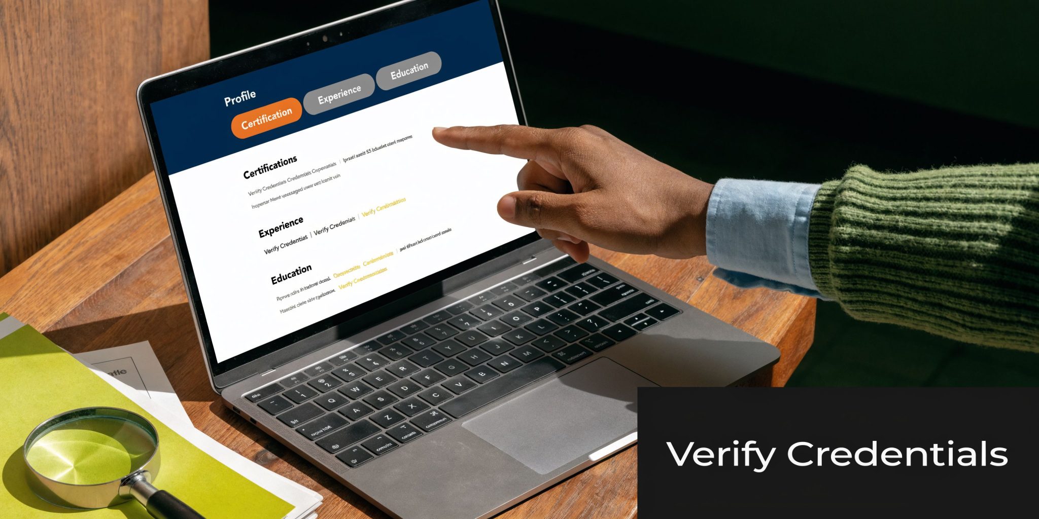 A person using a laptop to verify professional credentials and certifications on a digital platform profile.