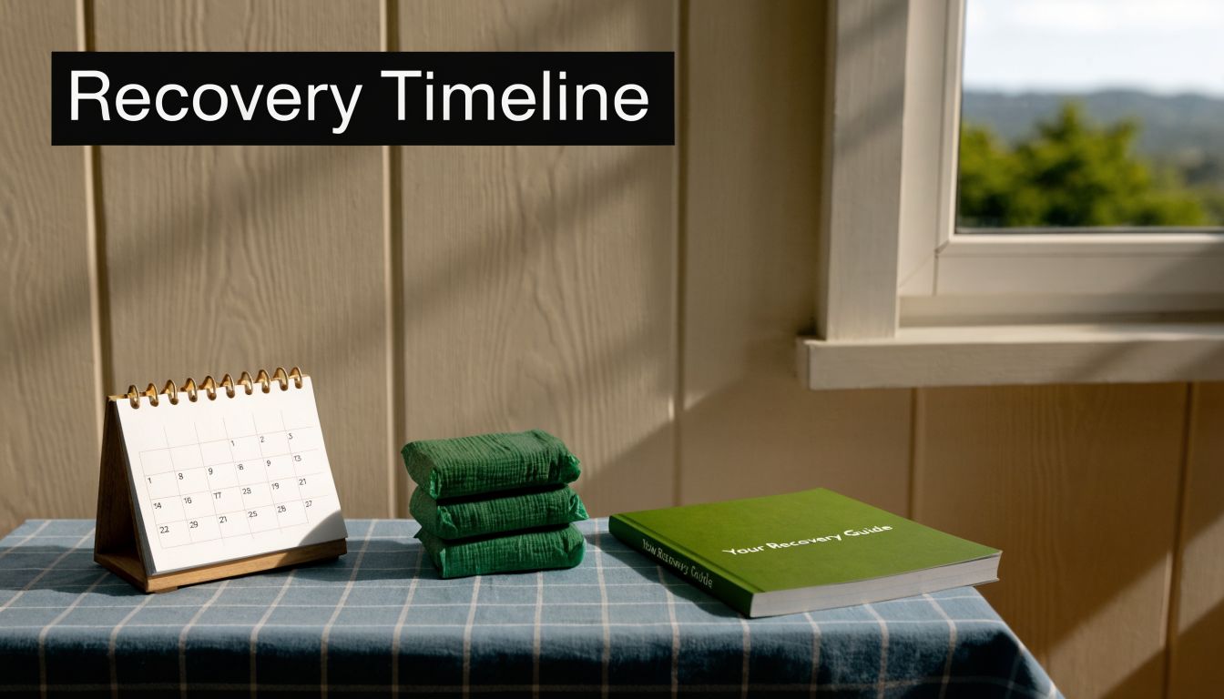 A calendar, a stack of green cloths, and a guide book on a table, representing a recovery timeline.