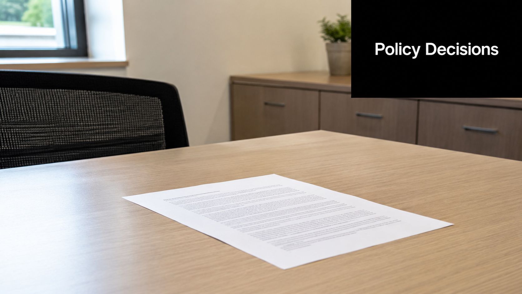 A sheet of document paper rests on a wooden office table near a chair and cabinets.
