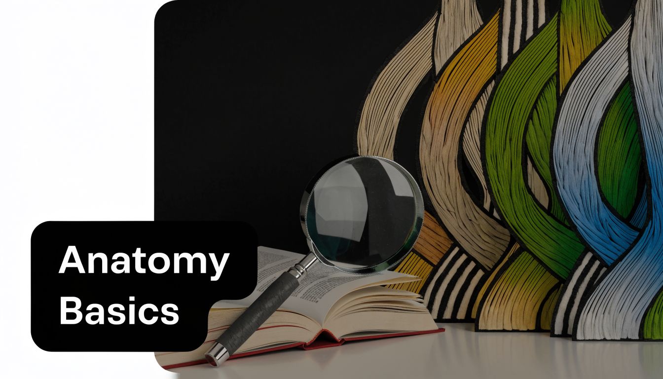 A magnifying glass rests on an open book next to colorful abstract paper art silhouettes.
