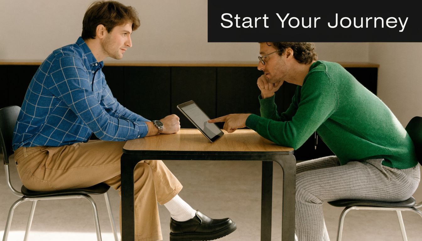 Two professional men sitting at a table discussing information presented on a tablet device in an office.