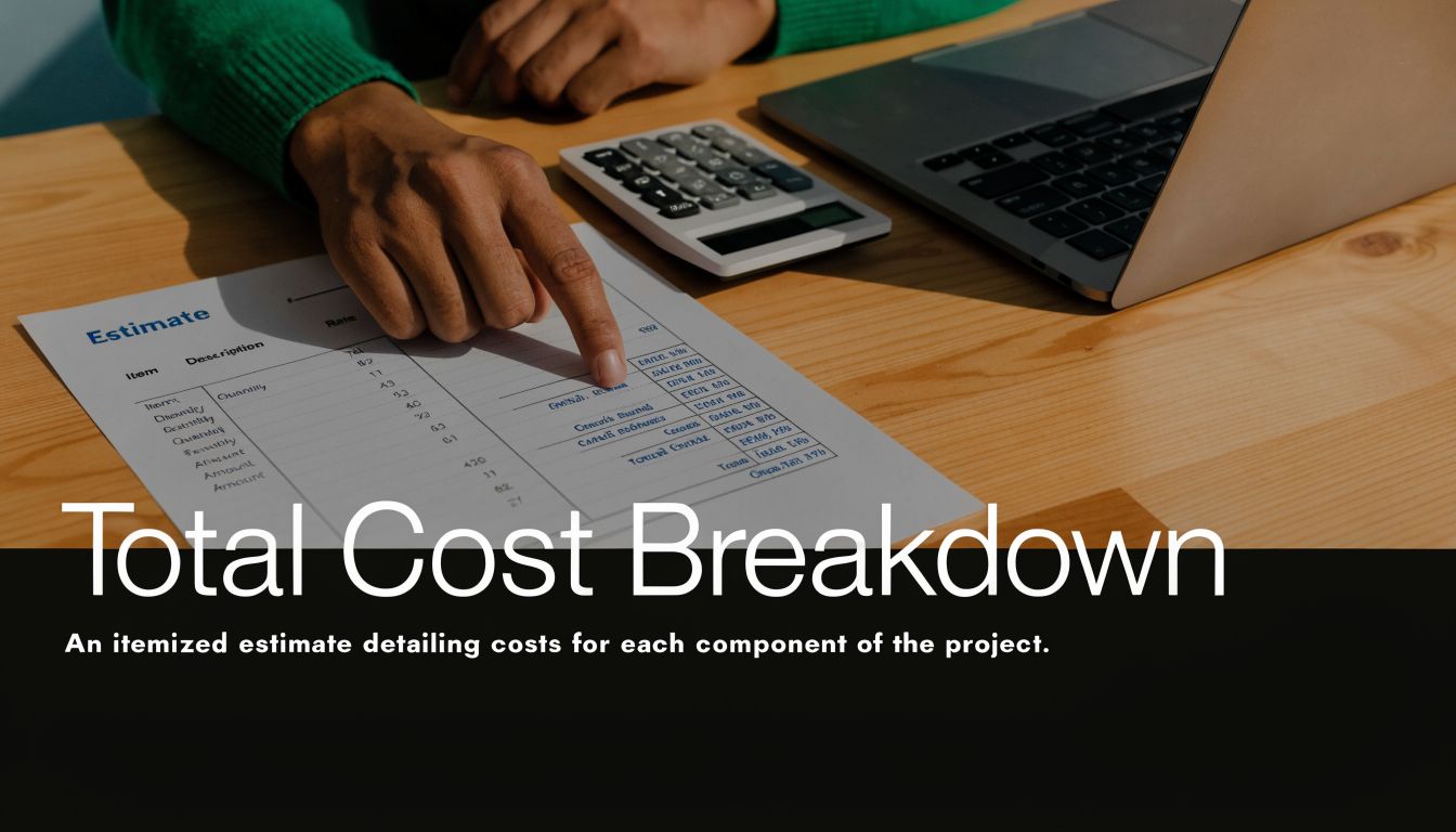 A person reviewing an itemized cost estimate document with a calculator and laptop on a wooden desk.