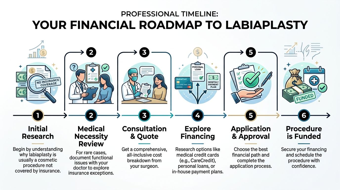 A professional six-step financial roadmap infographic detailing the process for funding and planning a labiaplasty procedure.