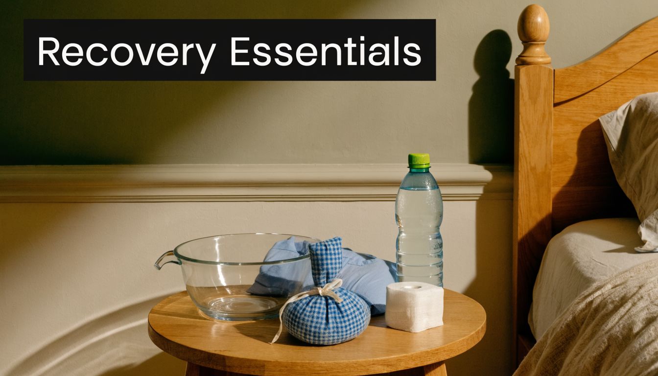 A bedside table with recovery essentials including a clear bowl, water bottle, medical tape, and a compress.