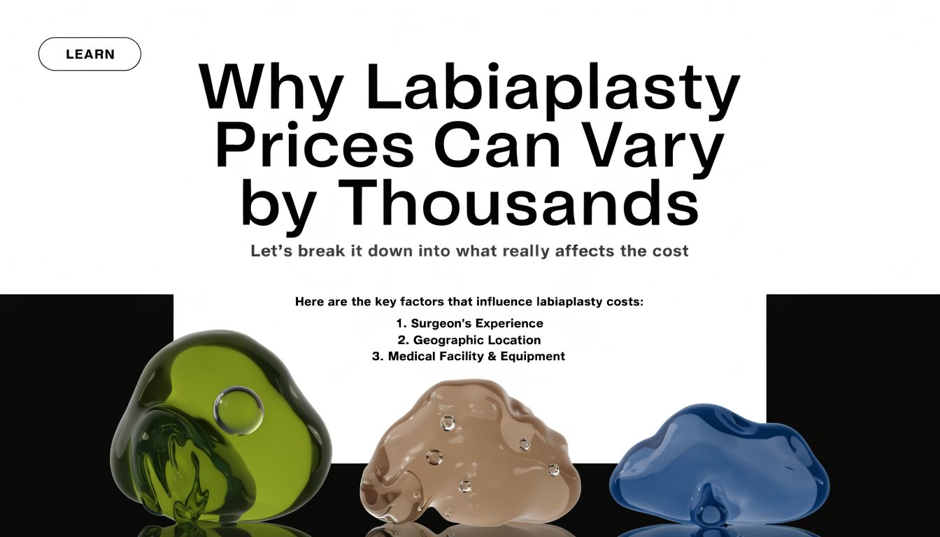 Informative graphic explaining the key factors that influence the total cost of labiaplasty surgery procedures.