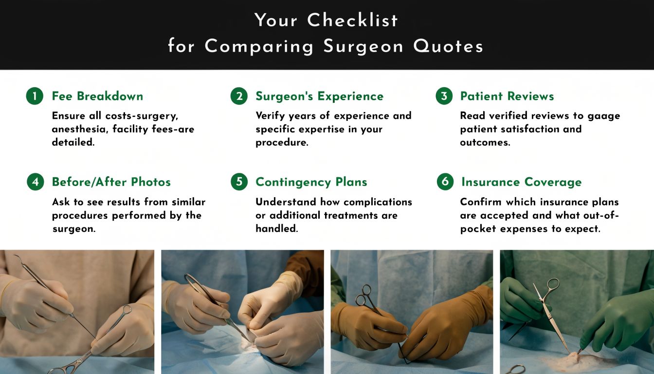 A surgical checklist for comparing plastic surgery quotes including fees, experience, reviews, photos, contingency plans, and insurance.