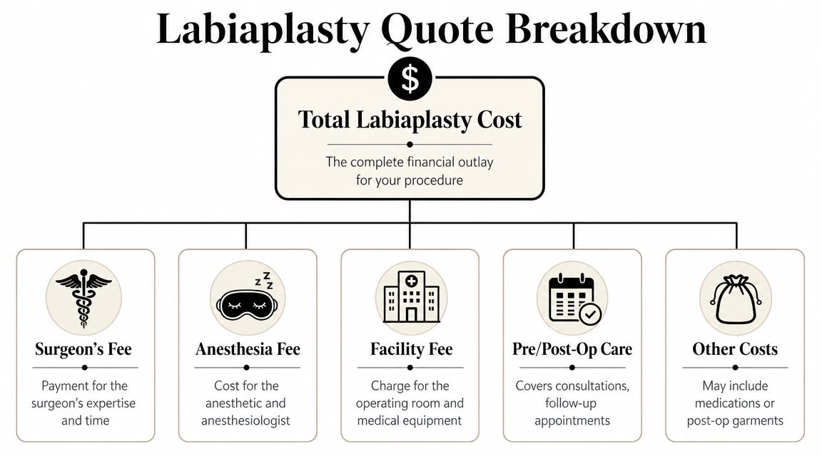 A diagram outlining the various components that contribute to the total cost of a labiaplasty procedure.