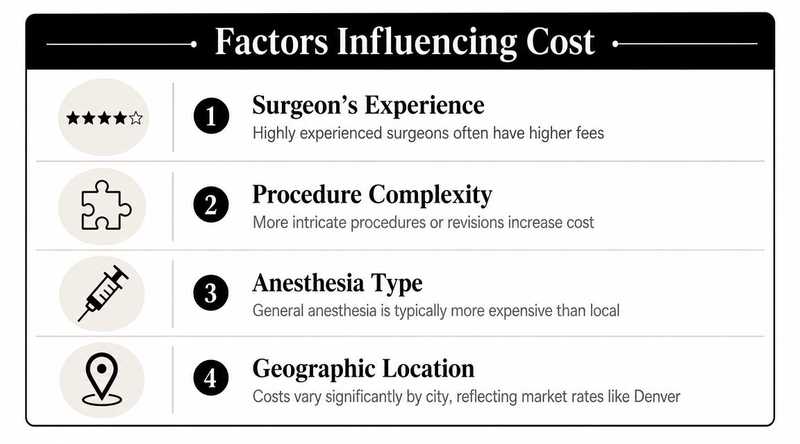 An infographic detailing four primary factors influencing the cost of medical procedures, including surgeon experience and location.