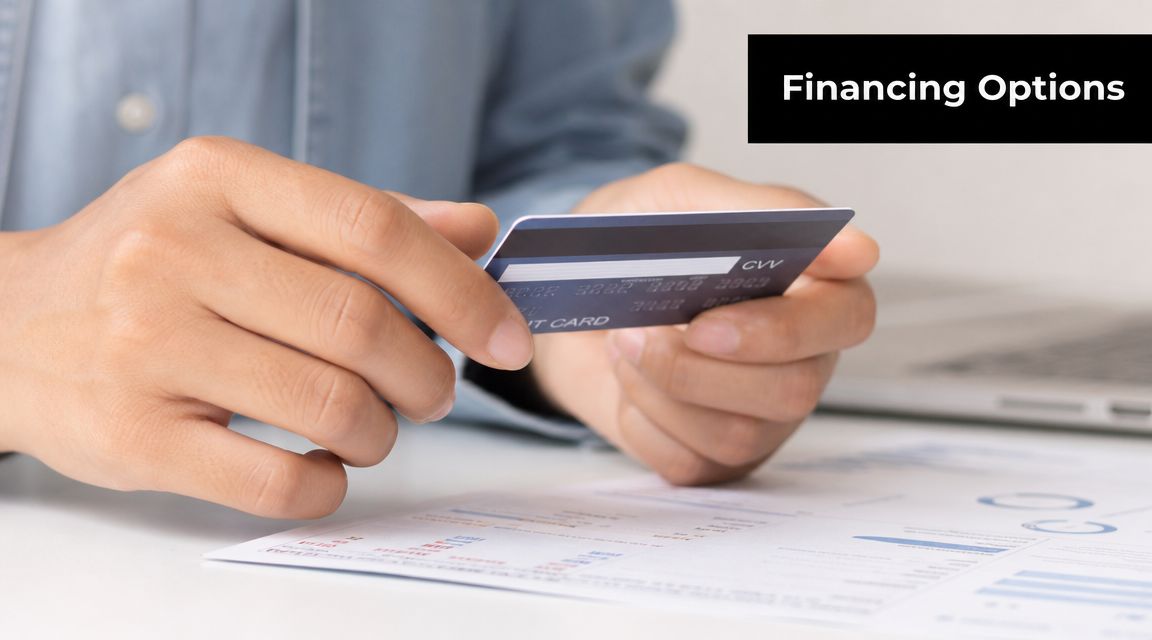 A person holding a credit card over financial charts, representing financing options for a medical procedure.