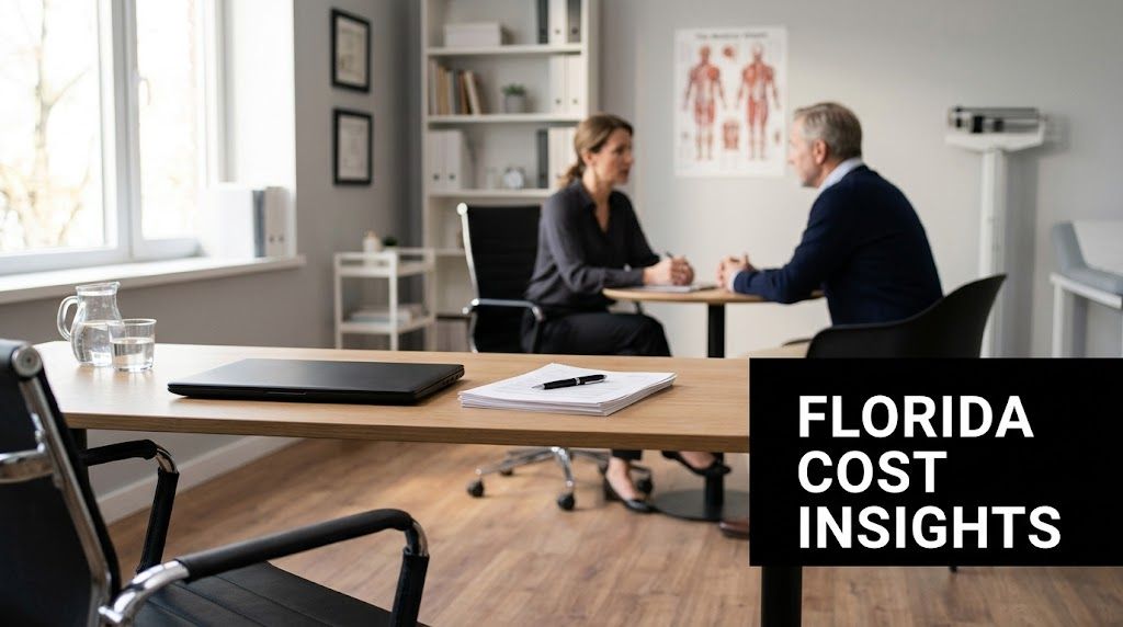 A professional consultation taking place in a medical office with a doctor and patient sitting together.