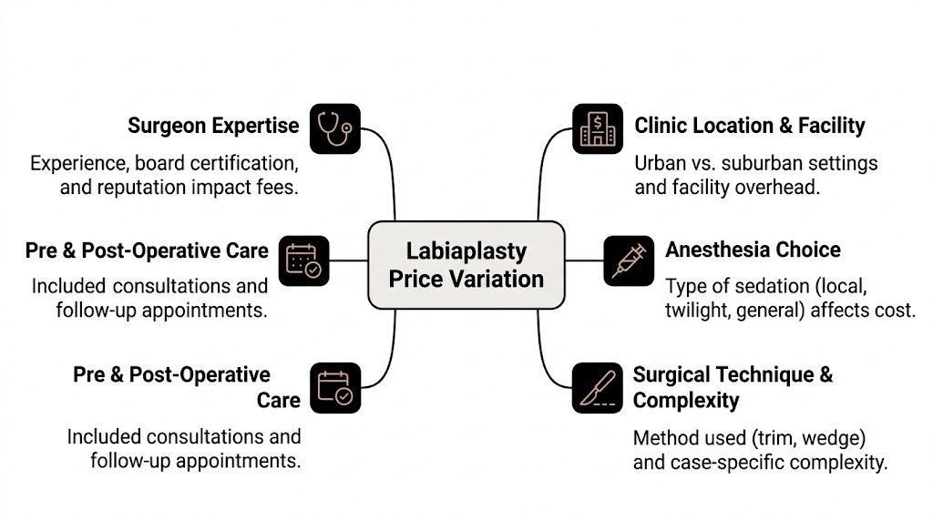 A diagram outlining the various factors that influence the total cost variation of a labiaplasty surgery procedure.