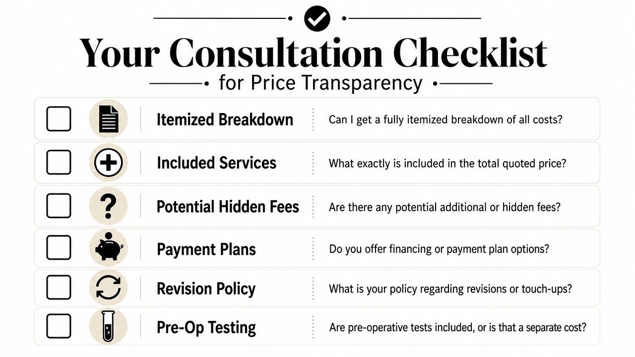 A consultation checklist infographic for patients to ask about price transparency for medical or surgical procedures.