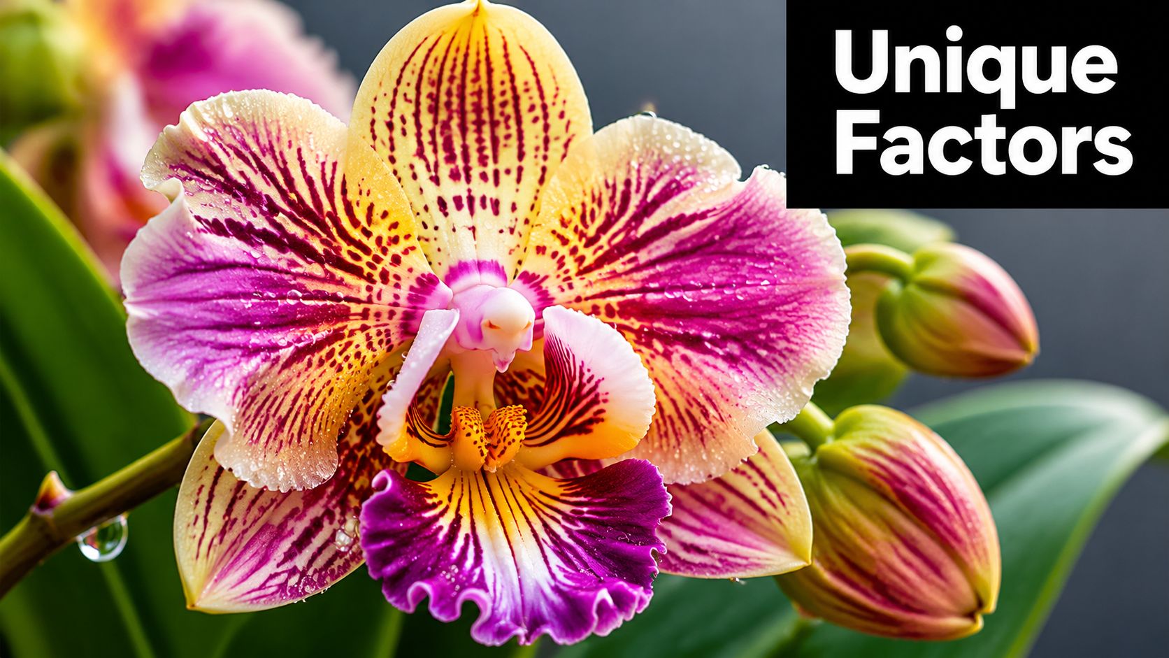 A close-up of a vibrant, multicolored orchid flower with intricate patterns against a blurred background.
