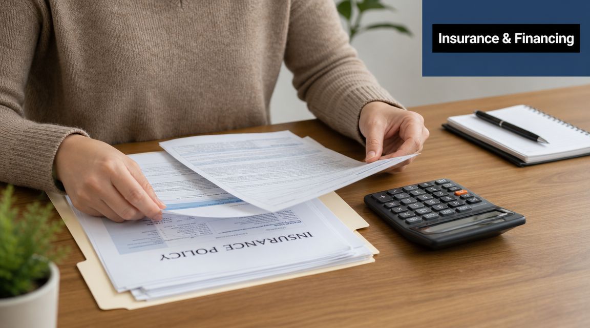 A person reviewing an insurance policy document on a desk next to a calculator and notebook.