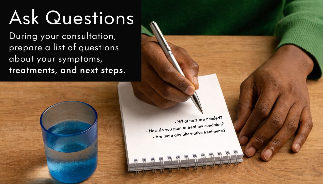 A person writing down medical questions on a notepad to prepare for a doctor's consultation visit.