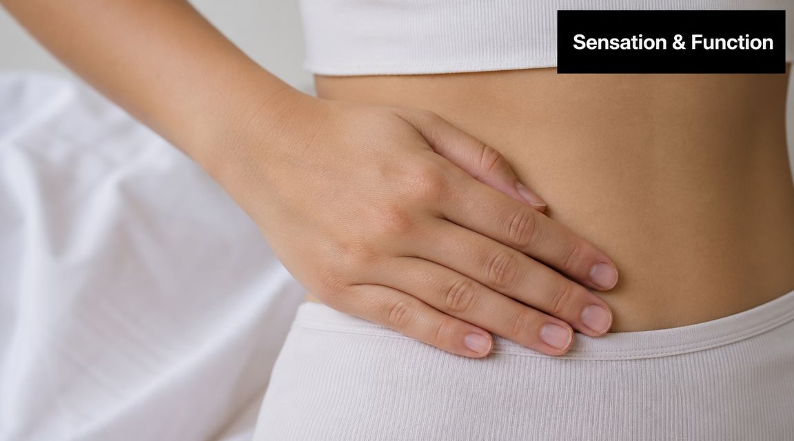 A close-up view of a woman's hand resting on her side, representing physical sensation and bodily function.