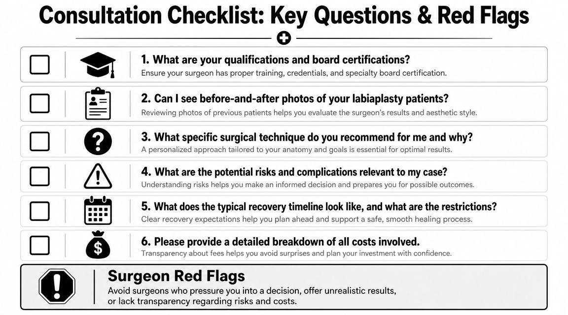 A checklist for labiaplasty consultations featuring six key questions and warning signs to identify unreliable surgeons.