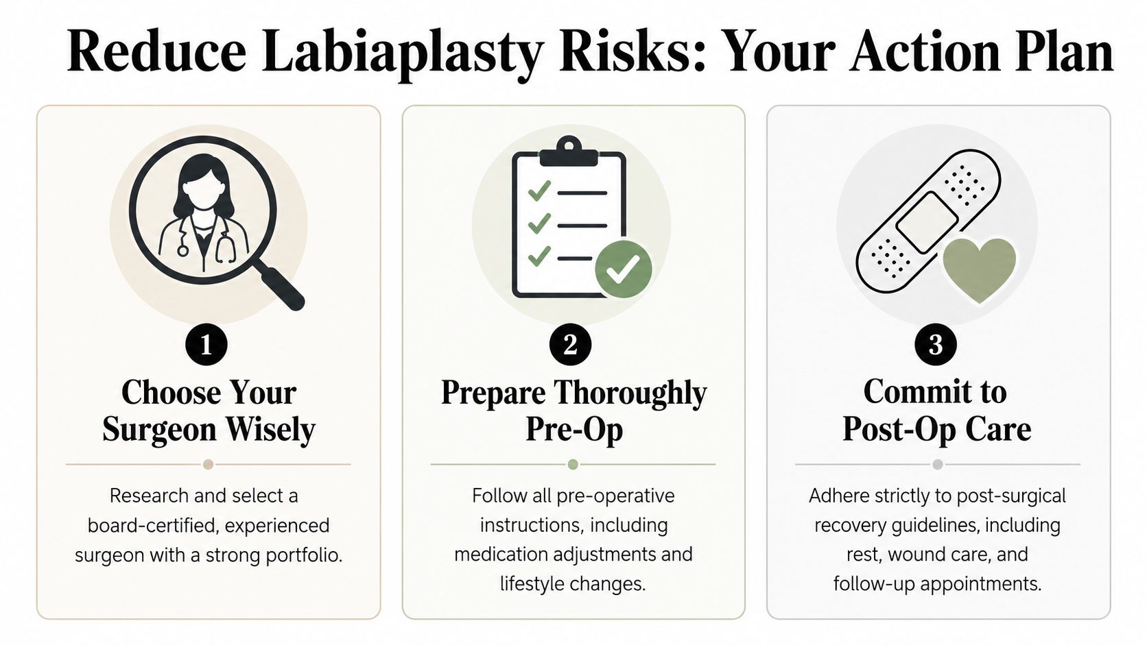 A three-step infographic on how to reduce risks of labiaplasty by choosing a surgeon, preparing, and caring.