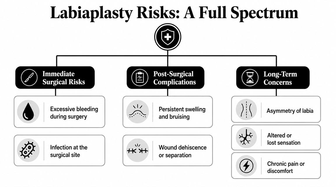 A diagram infographic outlining various surgical risks, post-surgical complications, and long-term concerns related to labiaplasty surgery.
