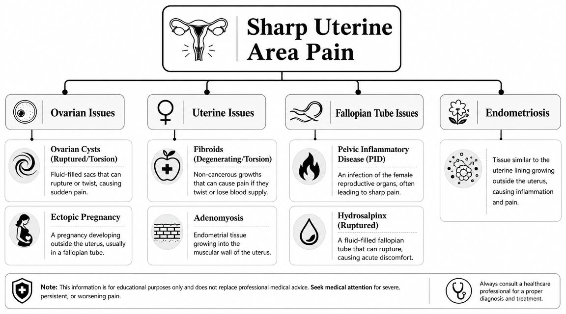 An educational infographic outlining potential medical causes for experiencing sharp pain in the uterine area.
