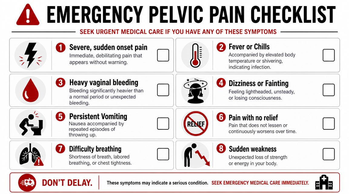 An infographic checklist outlining critical warning symptoms of severe pelvic pain requiring urgent medical attention.