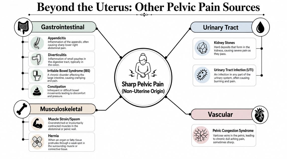 A diagram illustrating common non-uterine sources of sharp pelvic pain, categorized by body system types.