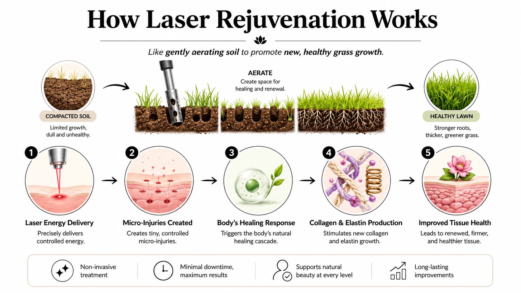 A diagram comparing laser rejuvenation to soil aeration, showing how controlled micro-injuries stimulate tissue healing and skin regeneration.
