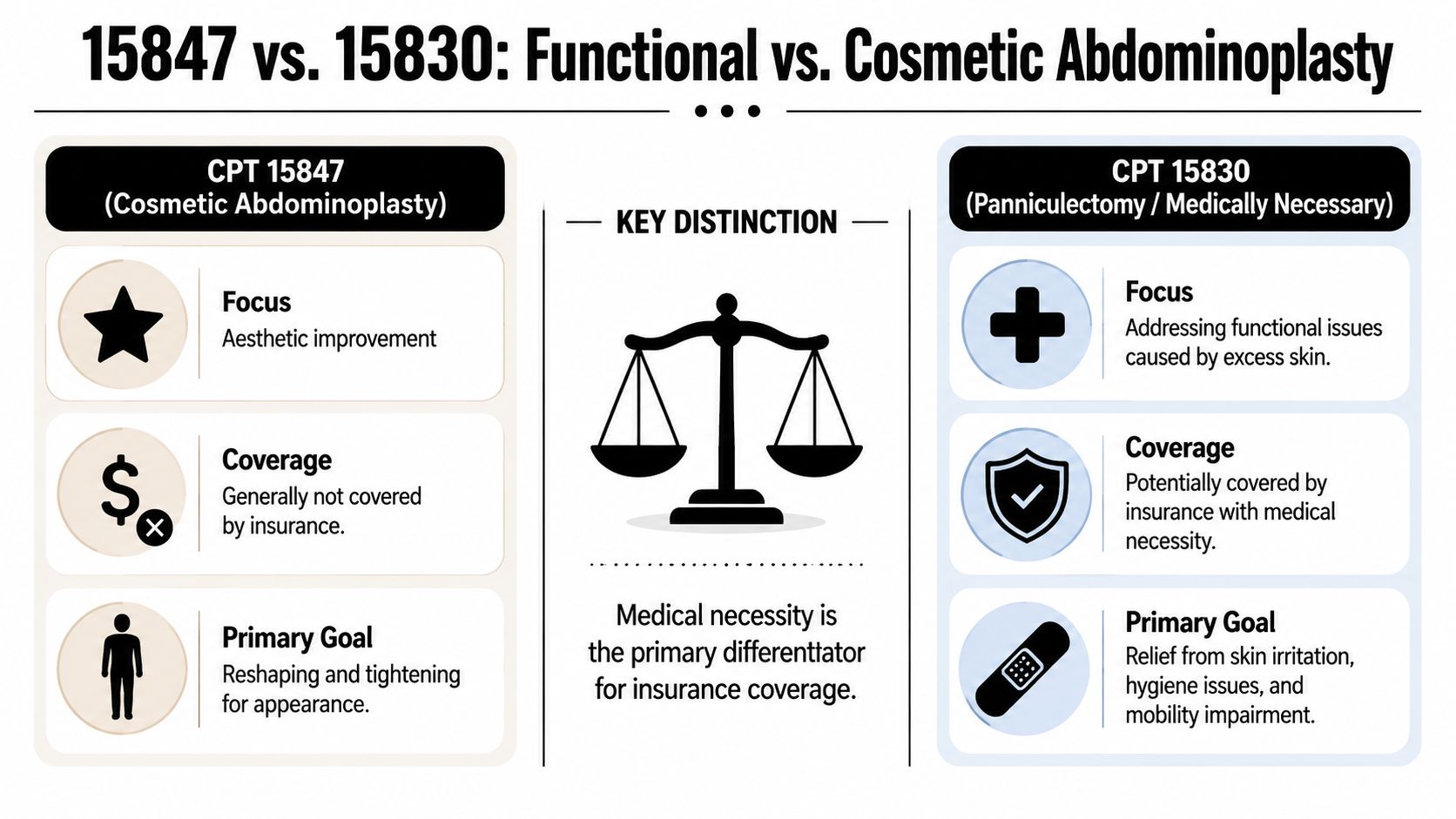 A comparison chart showing differences between CPT 15847 cosmetic abdominoplasty and CPT 15830 functional panniculectomy medical procedures.