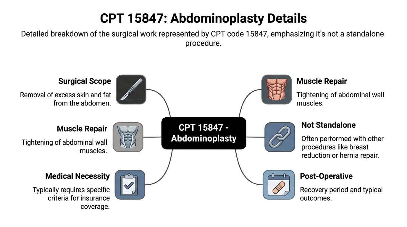 A diagram outlining the surgical details, medical necessity, and recovery process associated with CPT code 15847 abdominoplasty.