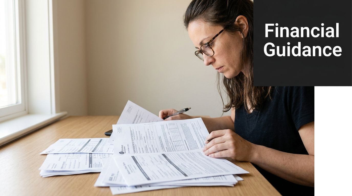 A woman wearing glasses carefully reviews and signs various financial documents while seated at a wooden desk.