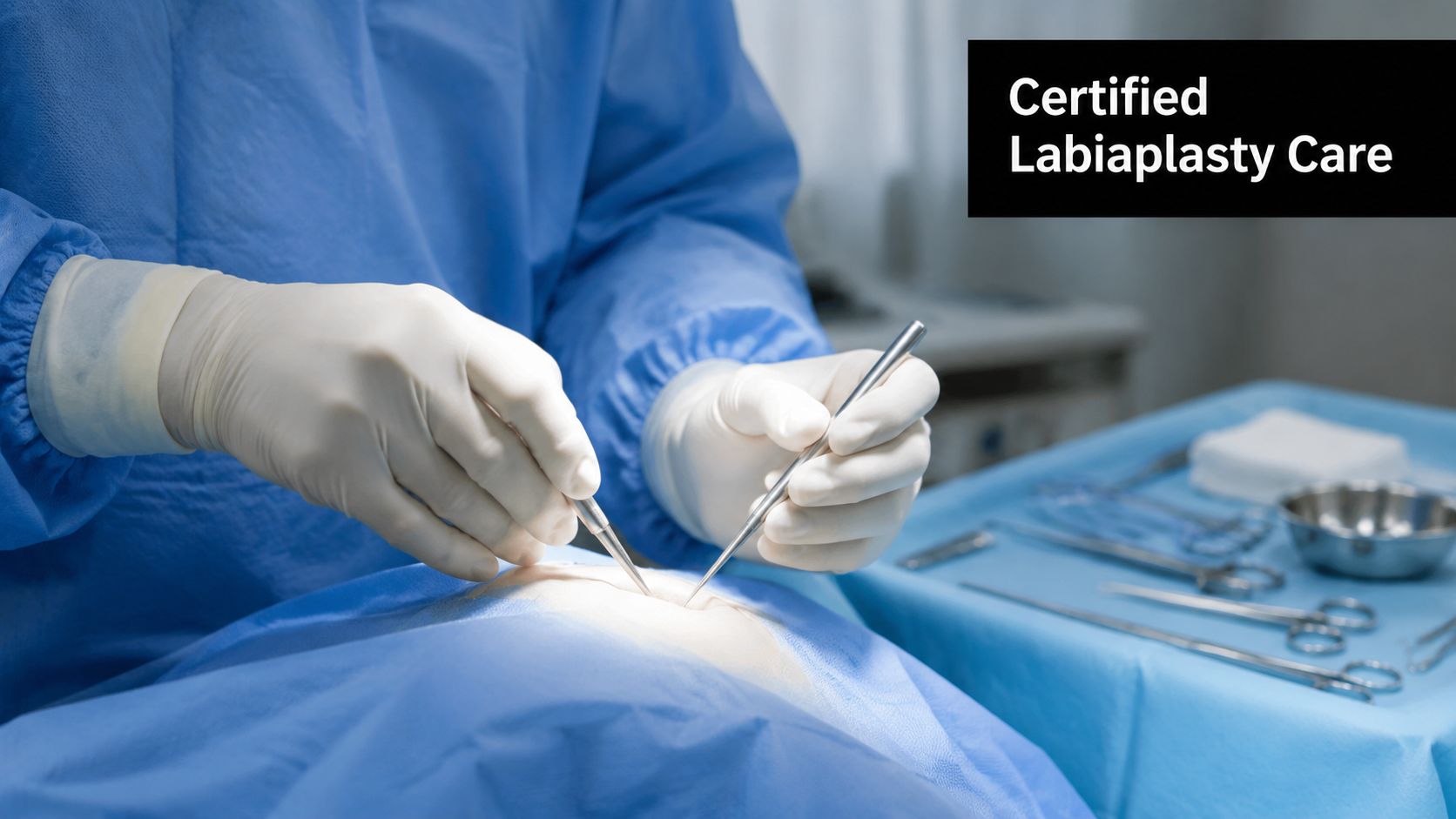 A surgeon in blue scrubs and white gloves performing a precise surgical procedure in an operating room.