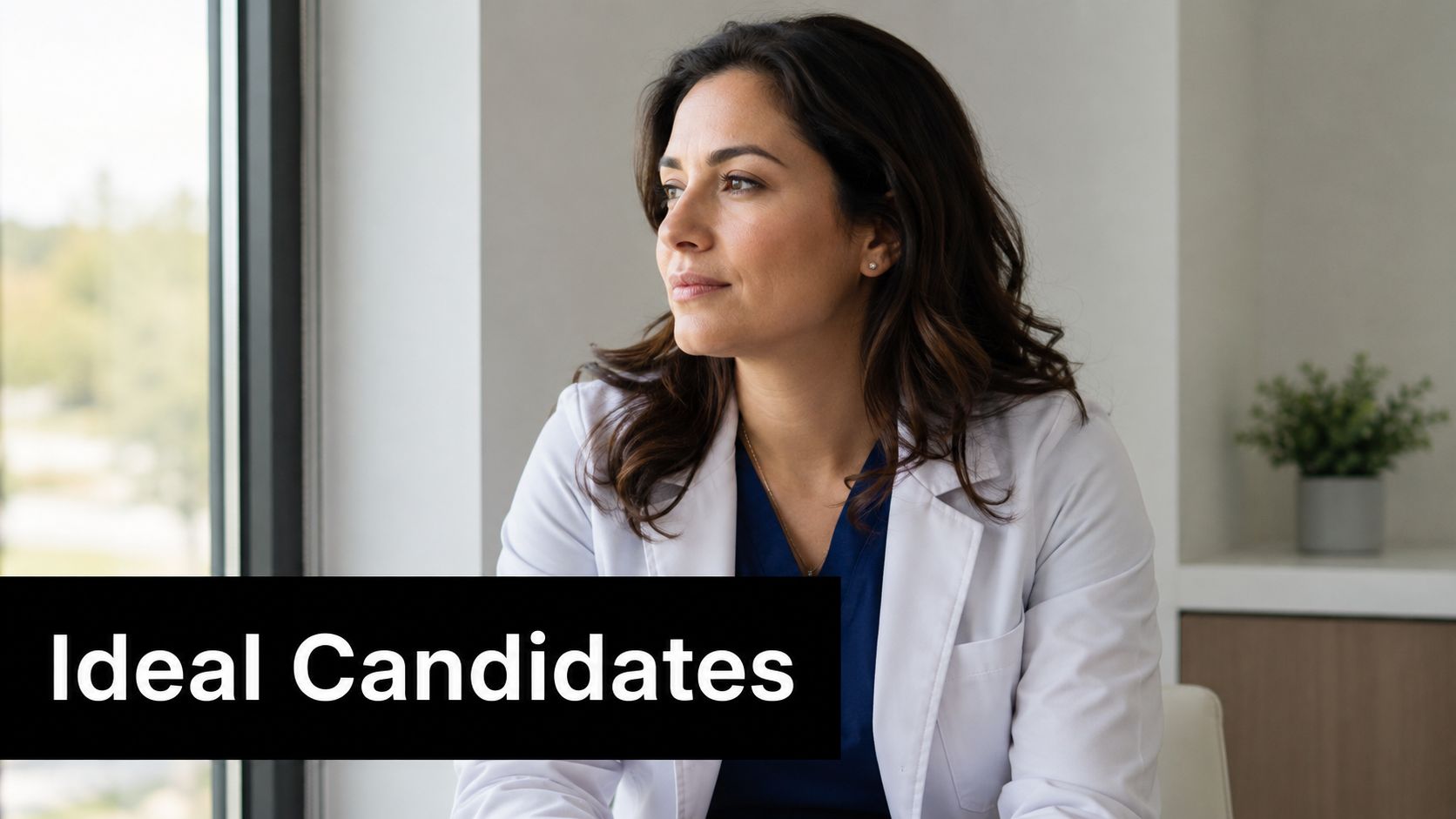 A professional female doctor wearing a white lab coat looking out of a window thoughtfully.