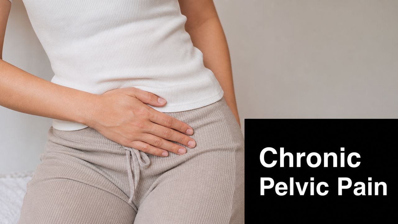 A person in a white top and beige pants holding their lower stomach area experiencing discomfort.