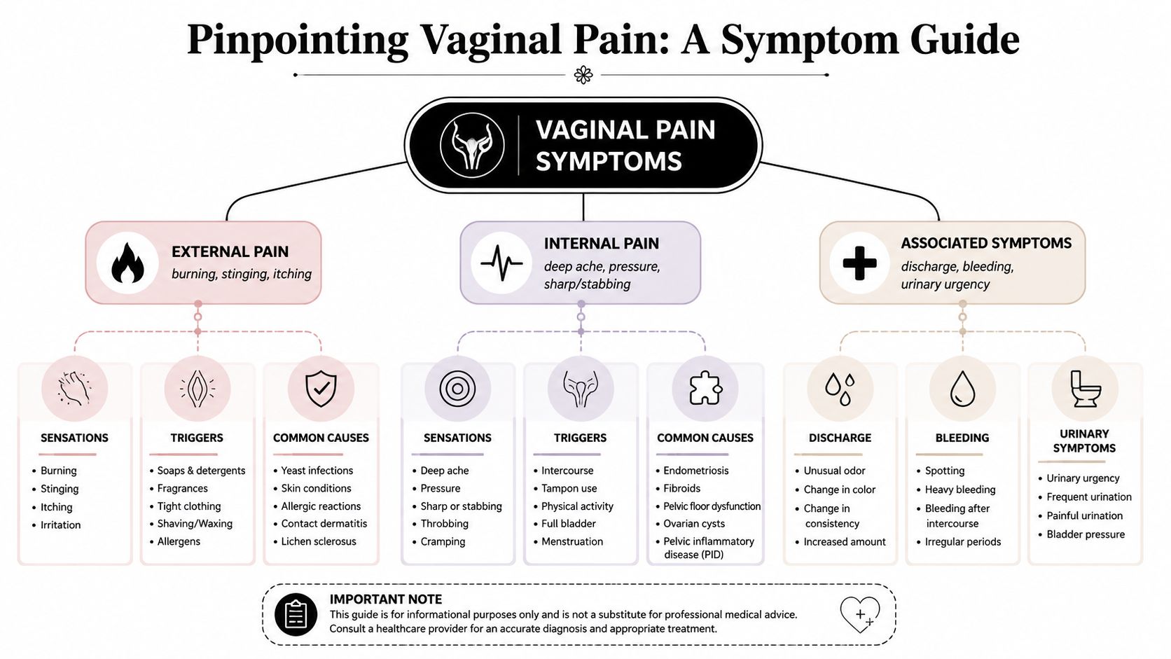 A symptom guide infographic outlining common causes and types of external, internal, and associated vaginal pain.