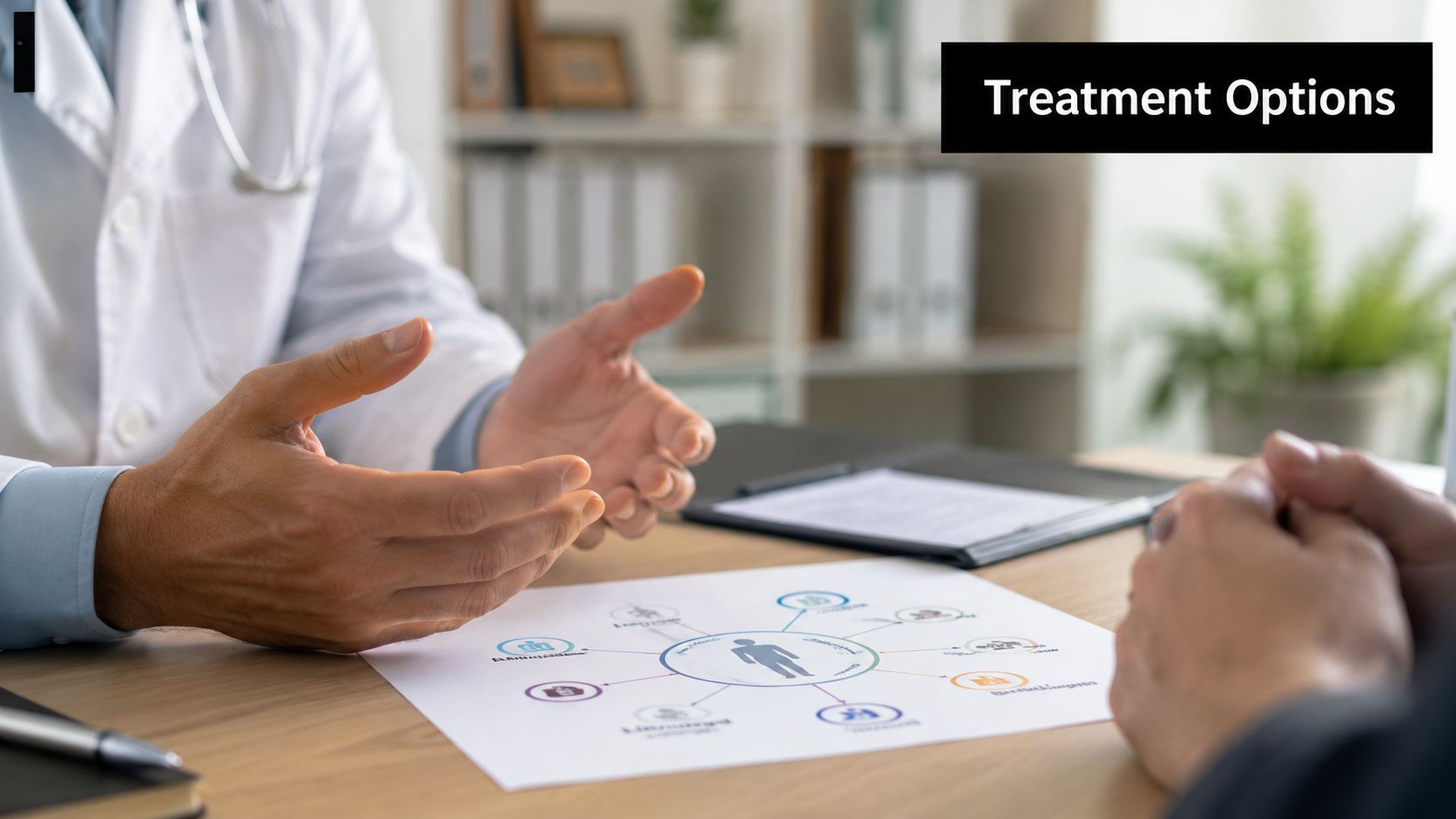 A doctor explaining various medical treatment options to a patient using a diagram on the office desk.