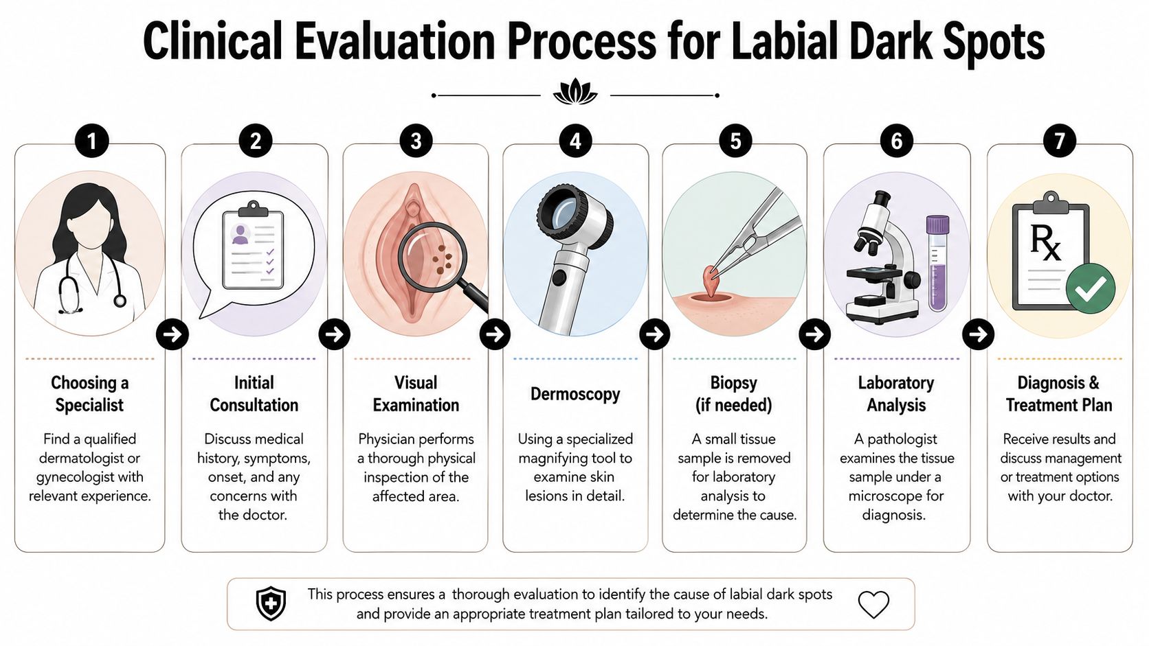 A seven-step clinical evaluation process infographic for diagnosing and treating dark spots on the labia.