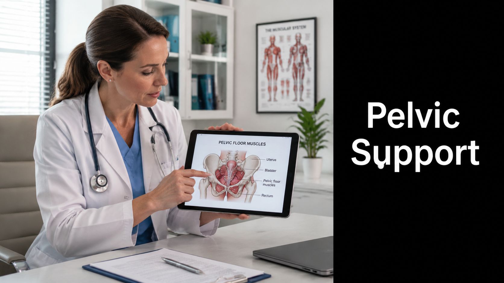 A female doctor pointing to a pelvic muscle anatomy diagram on a tablet in her office.