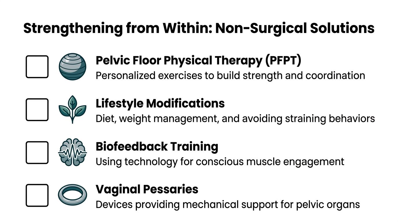 A list of four non-surgical pelvic floor strengthening treatments including physical therapy, lifestyle changes, biofeedback, and pessaries.