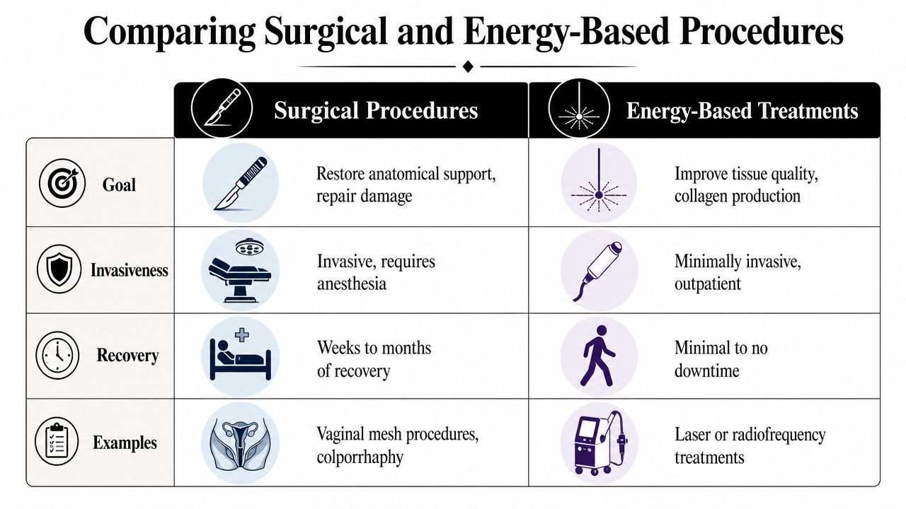 A comparison chart outlining differences between surgical procedures and energy-based treatments for vaginal health and tissue repair.