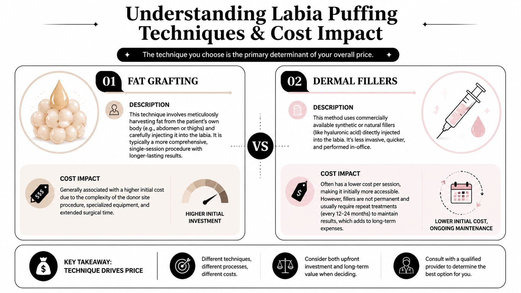 An infographic comparing fat grafting and dermal fillers for labia puffing, detailing their procedures and cost impacts.
