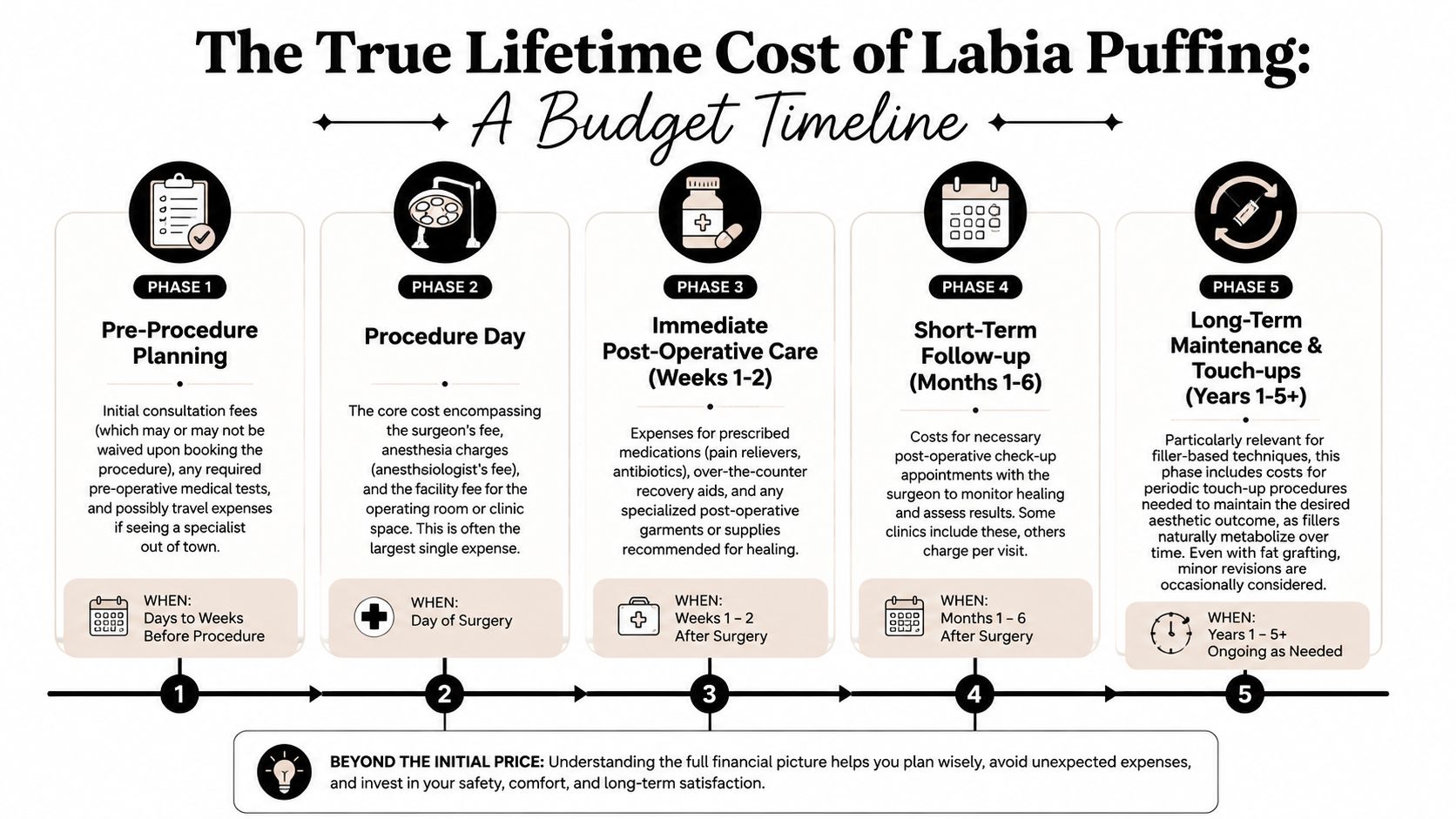 A budget timeline infographic outlining the five phases of financial costs associated with labia puffing procedures.