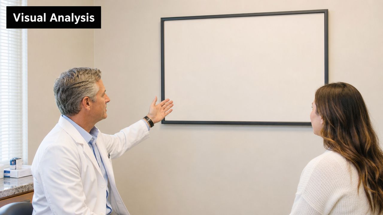 A male doctor in a white coat gestures toward a blank whiteboard while consulting with a patient.