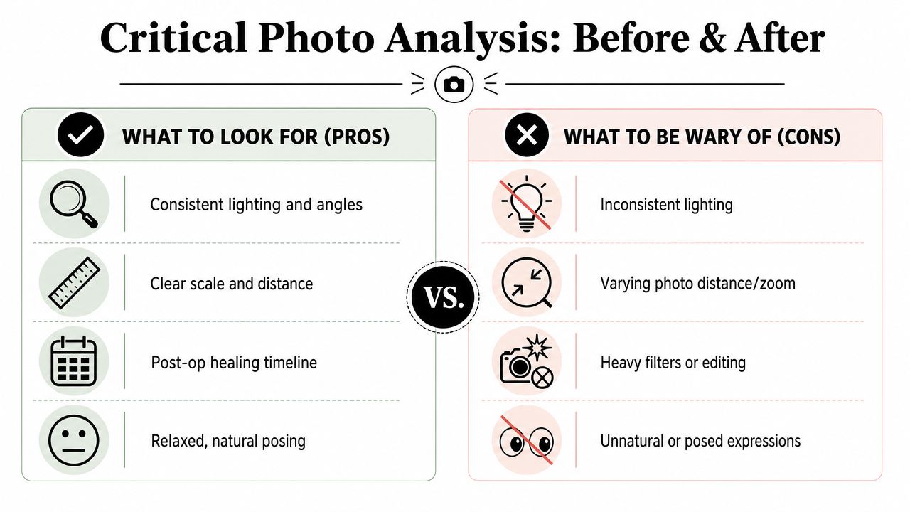 An infographic showing tips for critically analyzing plastic surgery before and after photos for accuracy.