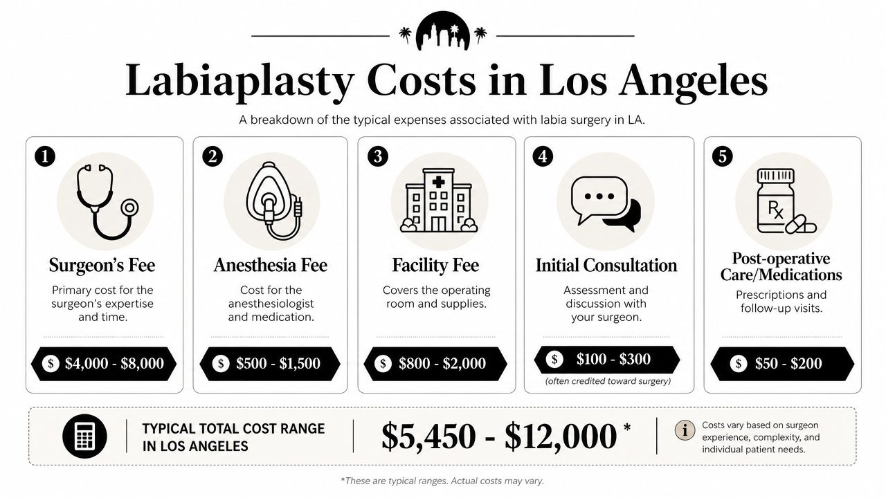 A detailed infographic showing the typical cost breakdown for labiaplasty surgery services in Los Angeles.
