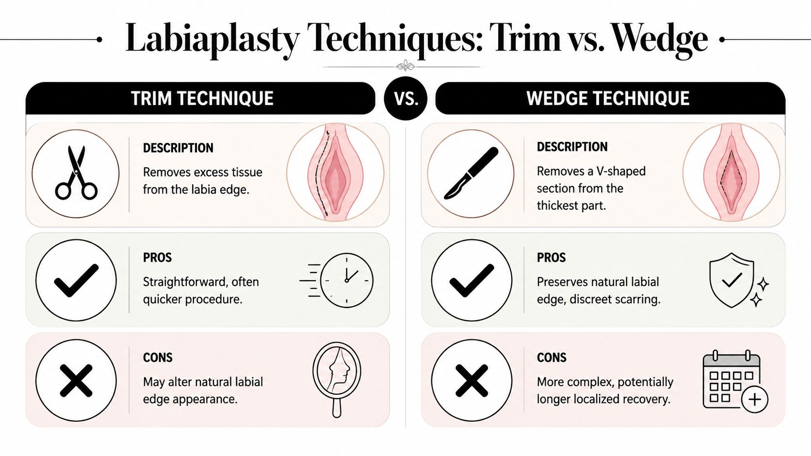 A comparison chart explaining the differences between Trim and Wedge labiaplasty surgical procedures.